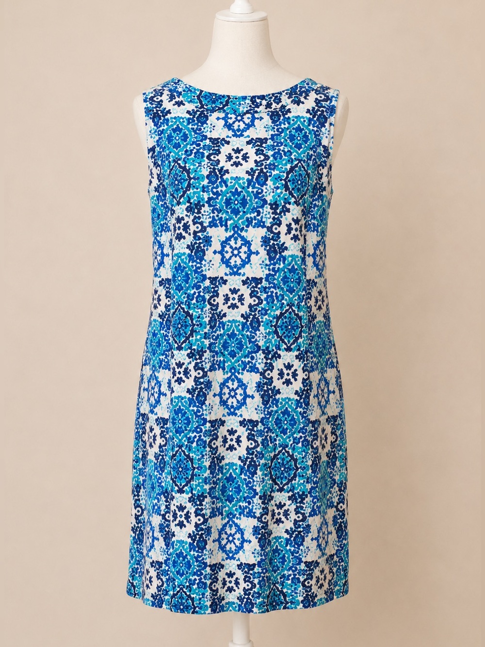 Talbots • Blue Audrey Neck Medallion Tile Sleeveless Shift Dress • Size L • EUC